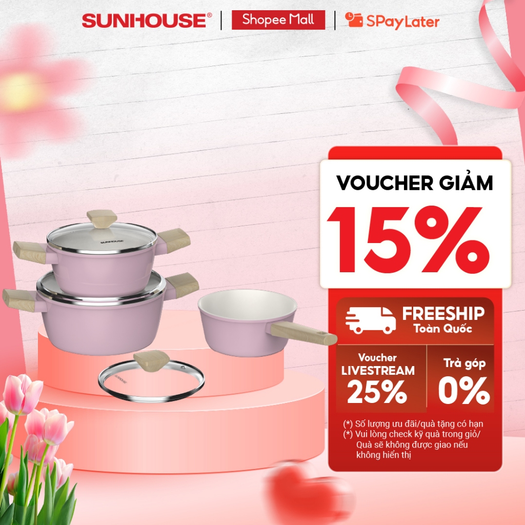 Bộ nồi phủ sứ Nano đáy từ Sunhouse Healthy SHG7979MP1/MT1 - Chống dính Nano Ceramic - Dùng mọi loại bếp