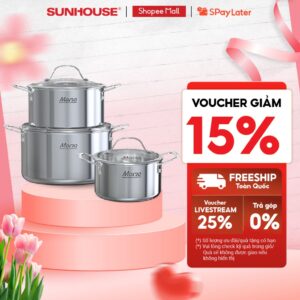 [Độc quyền Shopee] Bộ nồi inox 304 đáy liền đa lớp nguyên khối SUNHOUSE MAMA SHG701/708 – Đáy từ dùng cho mọi loại bếp