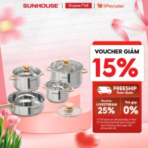 Bộ nồi inox 5 đáy Sunhouse SHG789 – Gồm 3 nồi 1 chảo – Inox cao cấp – Đáy 5 lớp – Dùng mọi loại bếp
