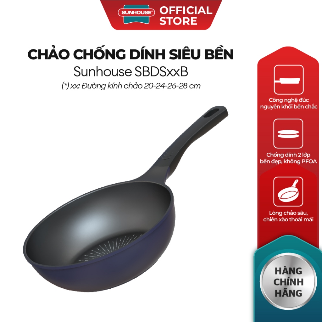 Chảo sâu chống dính siêu bền KHÔNG TỪ Sunhouse SBDS20-24-26-28B - Công nghệ nhôm đúc nguyên khối - Chống dính 2 lớp - Ảnh 2