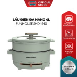 Lẩu điện đa năng 4L Sunhouse SHD4540 – Tích hợp xửng hấp – Gia nhiệt trực tiếp – Dung tích 4L – Chống dính PTFE