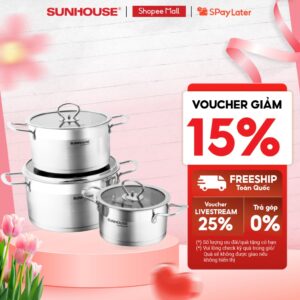 Bộ nồi inox 5 đáy Sunhouse Mama SH784: Gồm 3 nồi – Dùng mọi loại bếp – Đáy 5 lớp hạn chế cháy khét – Hàng chính hãng