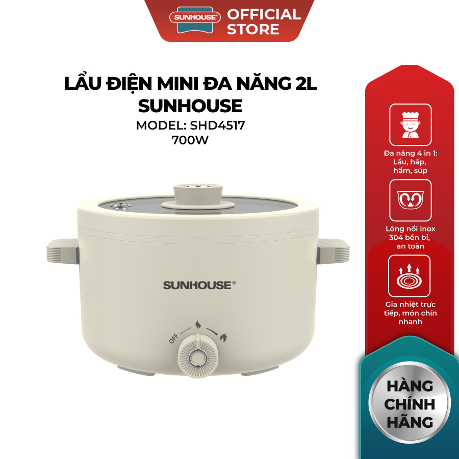 Lẩu điện mini đa năng Sunhouse 1,6L (SHD4516) - 2L (SHD4517) - Đa năng 4in1 - Lòng nồi inox 304 - Tích hợp tay cầm - Ảnh 3