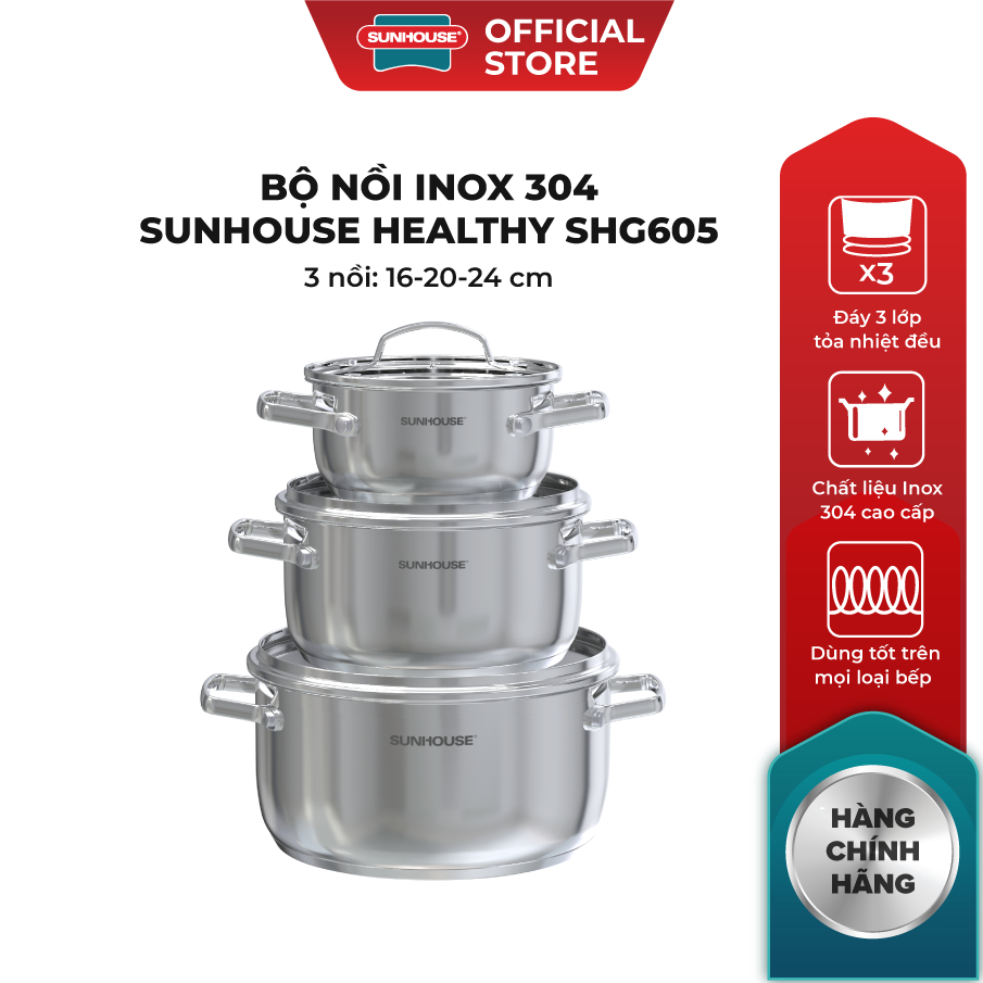 Bộ nồi Inox 304 Sunhouse Healthy SHG605 - Gồm 3 nồi size 16,20,24cm -Đáy từ 3 lớp - Inox 304 - Phù hợp mọi loại bếp - Ảnh 2