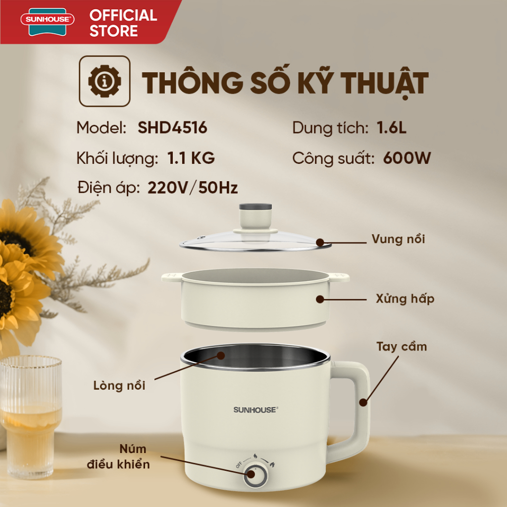 Lẩu điện mini đa năng Sunhouse 1,6L (SHD4516) - 2L (SHD4517) - Đa năng 4in1 - Lòng nồi inox 304 - Tích hợp tay cầm - Ảnh 9
