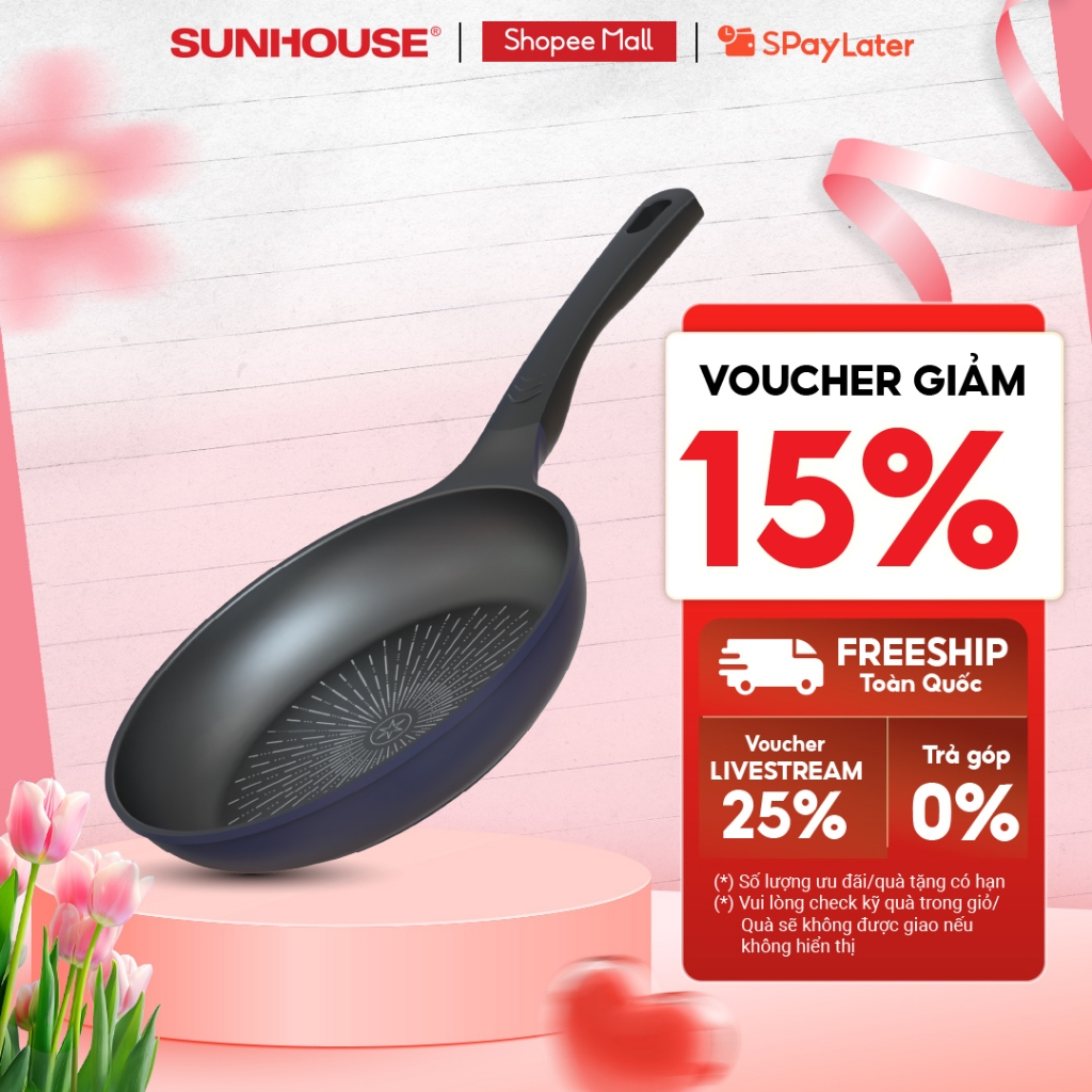 Chảo sâu chống dính siêu bền KHÔNG TỪ Sunhouse SBDS20-24-26-28B - Công nghệ nhôm đúc nguyên khối - Chống dính 2 lớp