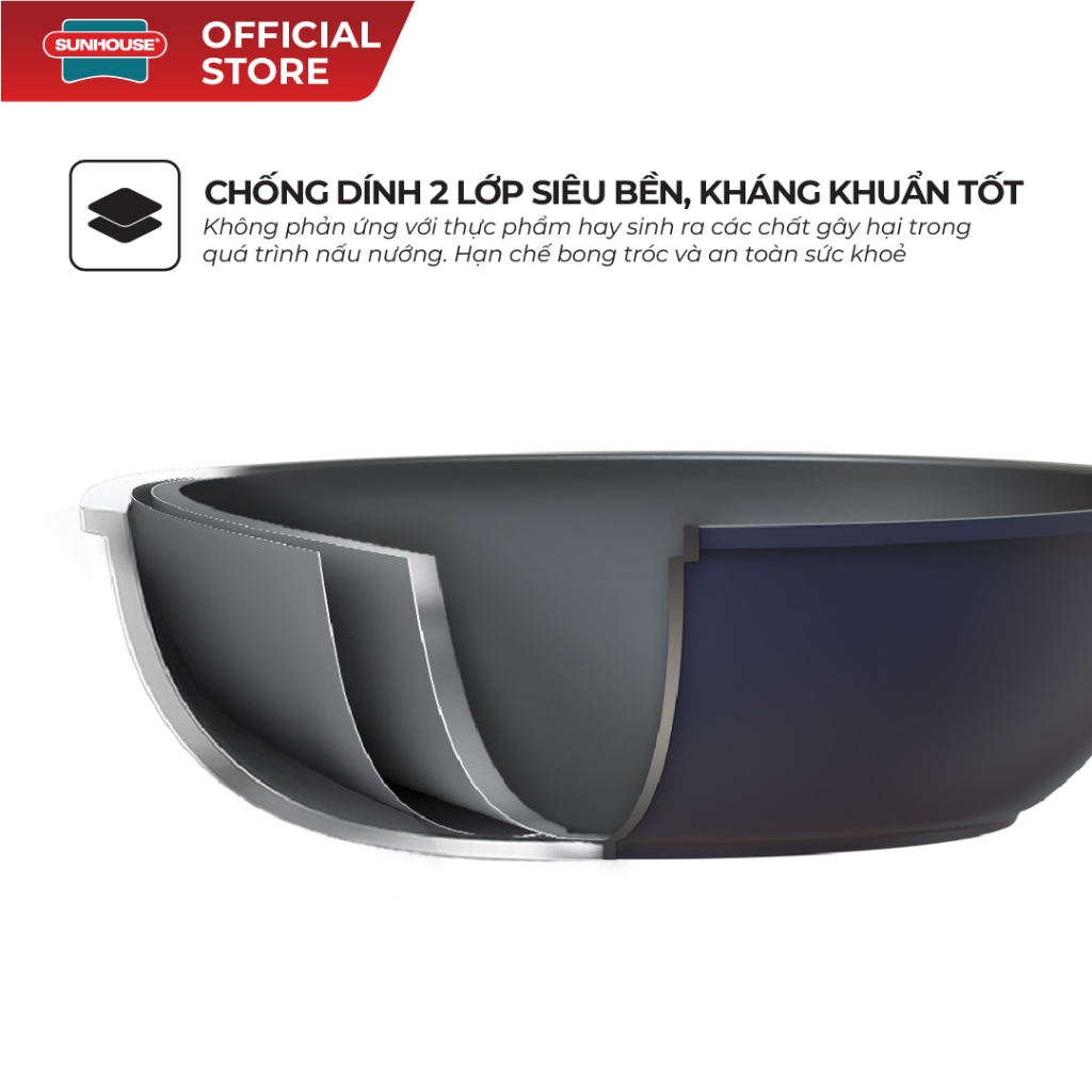 Chảo sâu chống dính siêu bền KHÔNG TỪ Sunhouse SBDS20-24-26-28B - Công nghệ nhôm đúc nguyên khối - Chống dính 2 lớp - Ảnh 4