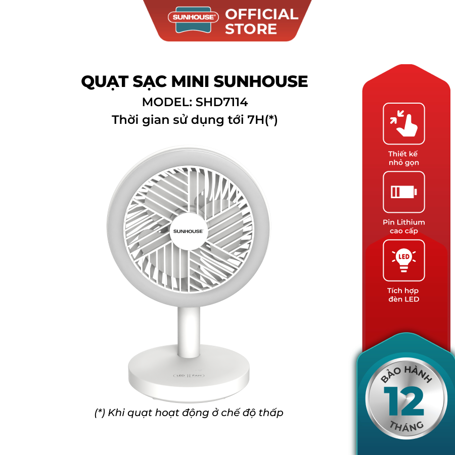 Quạt sạc mini Sunhouse SHD7114 - Pin sạc Lithium, 7H hoạt động - 3 tốc độ gió, 2 chế độ sáng, có đèn ngủ tiện lợi