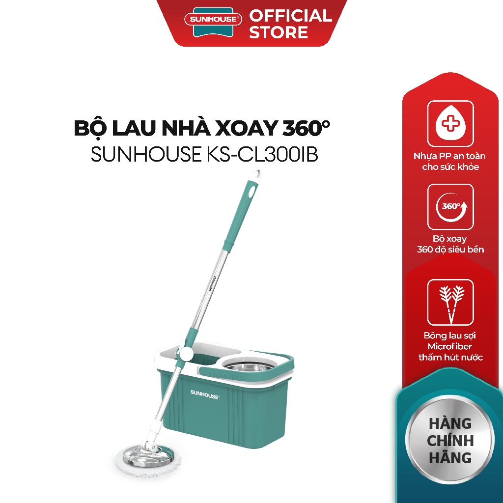 Bộ lau nhà xoay 360 độ Sunhouse KS-CL300IB - Nhựa nguyên sinh siêu bền - Thấm hút tốt - Chuyển động 360 độ
