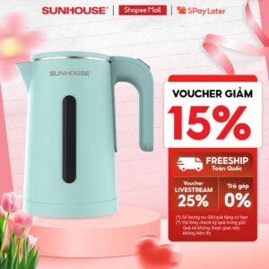 Ấm siêu tốc Inox 304 1.8L SUNHOUSE SHD1351/SHD1353 – Thân ấm 2 lớp – Vỏ nhựa PP chống bỏng – Tự động tắt khi nước sôi