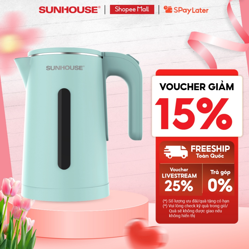 Ấm siêu tốc Inox 304 1.8L SUNHOUSE SHD1351/SHD1353 - Thân ấm 2 lớp - Vỏ nhựa PP chống bỏng - Tự động tắt khi nước sôi