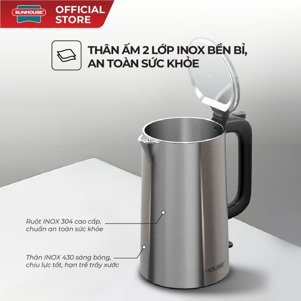 Ấm siêu tốc Inox 2 lớp 2L Sunhouse SHD1396 - Dung tích lớn 2L - Tự động ngắt khi sôi - Đáy liền chống rò rỉ - Ảnh 3