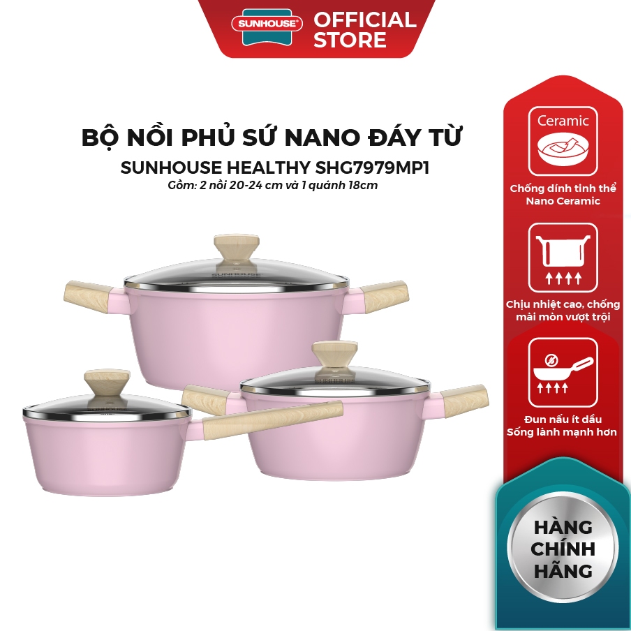 Bộ nồi phủ sứ Nano đáy từ Sunhouse Healthy SHG7979MP1/MT1 - Chống dính Nano Ceramic - Dùng mọi loại bếp - Ảnh 3